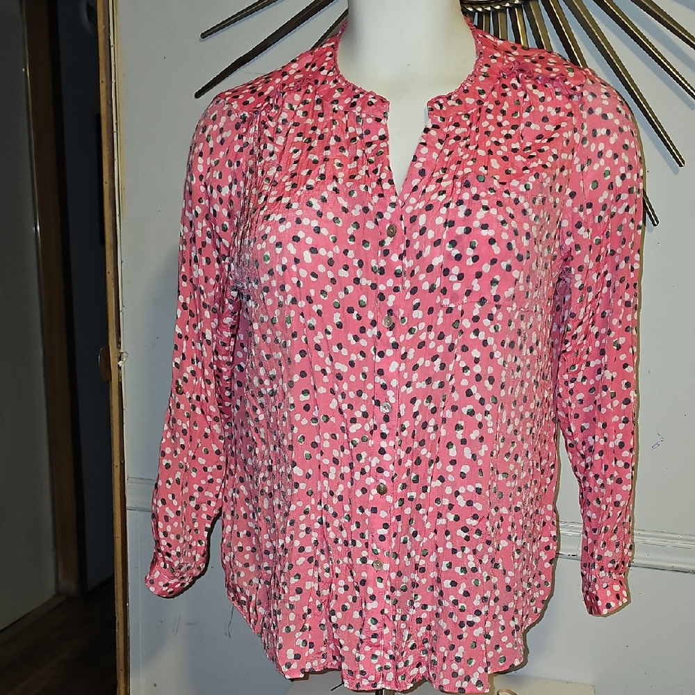 Zac & Rachel Pink Printed Long Sleeve Split-Neck Blouse